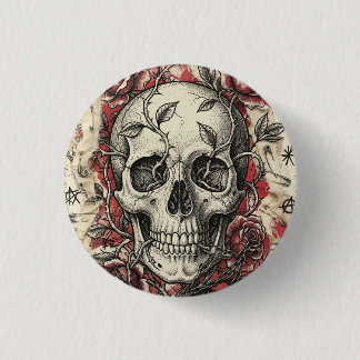 Bóton Redondo 2.54cm Ilustração de Caveira e Rosas do Grunge Punk