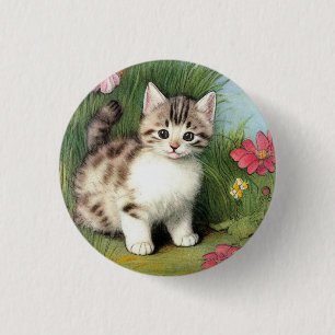Bóton Redondo 2.54cm Ilustração de Gato Vintage com Flores Vermelhas