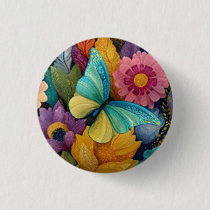 Bóton Redondo 2.54cm Ilustração Detalhada de Flor e Borboleta
