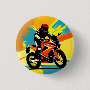 Bóton Redondo 2.54cm Ilustração Dinâmica de Motocicleta com Piloto