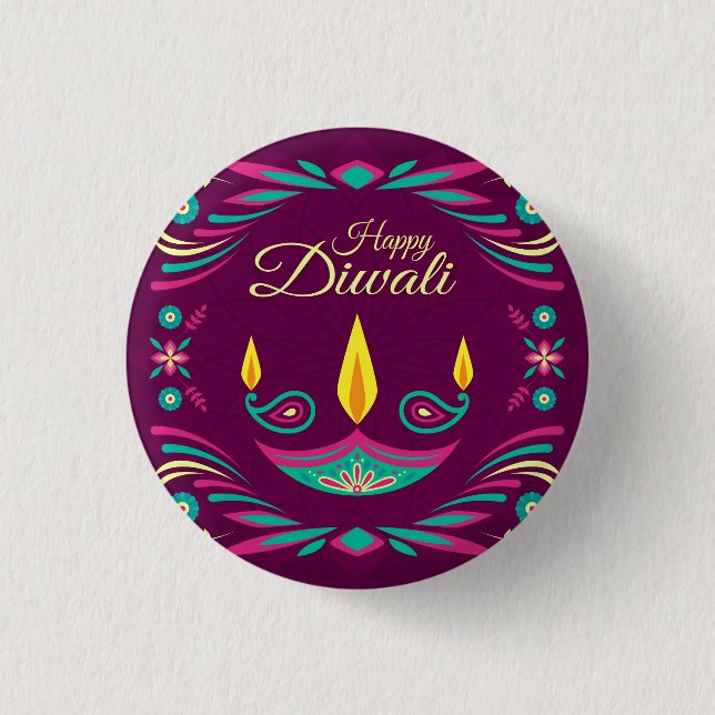 Bóton Redondo 2.54cm Ilustração roxa feliz da vela de Diwali (Frente)