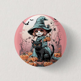 Bóton Redondo 2.54cm Insígnia de bruxa zumbi de Halloween com gato pret