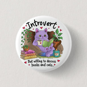 Bóton Redondo 2.54cm Introvertido Mas Disposto a Discutir Livros e Gato