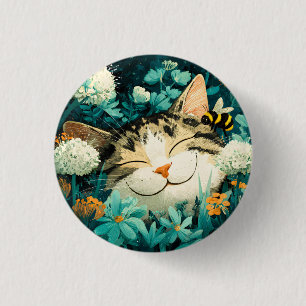 Bóton Redondo 2.54cm Jardim de Flores de Gato Adormecido com Abelha em