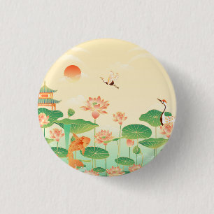 Bóton Redondo 2.54cm Jardim Japonês Arte de Lago de Koi e Nenúfares