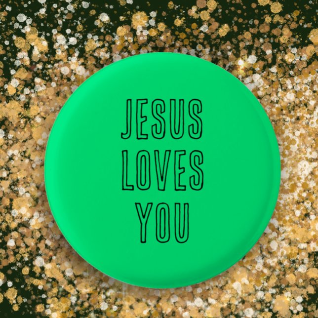 Bóton Redondo 2.54cm Jesus ama você moderno negro e verde personalizado (Custom text buttons. Colorful vibrant green button. Jesus loves you. Christian religious gift
)
