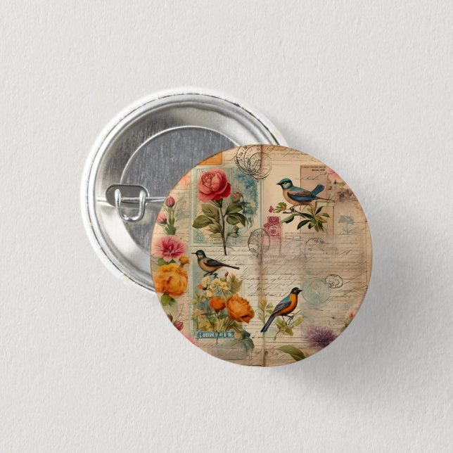 Bóton Redondo 2.54cm Junk Journal Seite mit Blumen + Vögel -  (Frente & Verso)