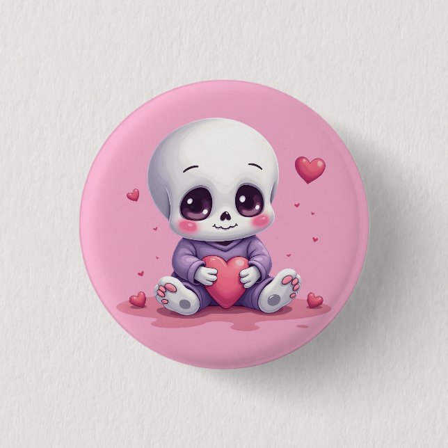 Bóton Redondo 2.54cm Kawaii Skeleton Holding Heart (Frente)