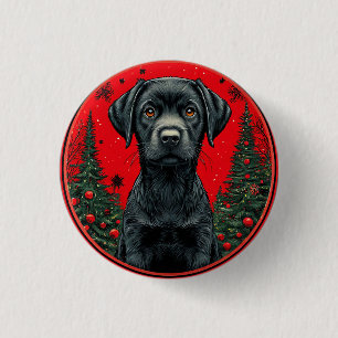 Bóton Redondo 2.54cm Labrador preto de Natal com árvores festivas