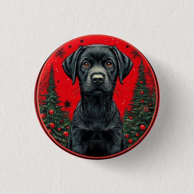 Bóton Redondo 2.54cm Labrador Preto de Natal com Árvores Festivas (Frente)
