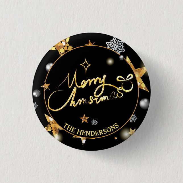 Bóton Redondo 2.54cm Legal Dourada Estrelas Negras Personalizadas Feliz (Frente)