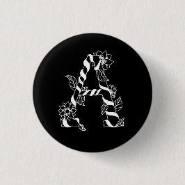 Bóton Redondo 2.54cm Letra negra e branca "A" com flores geminadas