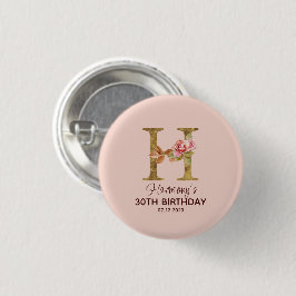 Bóton Redondo 2.54cm Letra Personalizada H Dourado Rosas Rosa Botão