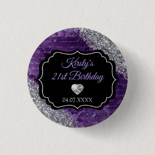 Bóton Redondo 2.54cm Letras de Sereia Roxo Brilho Prateado Aniversário