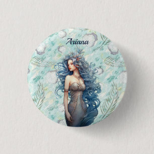 Bóton Redondo 2.54cm Linda Sereia de Cabelo Azul