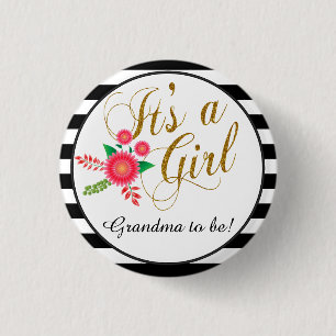 Bóton Redondo 2.54cm Listras preto e branco elegantes com floral