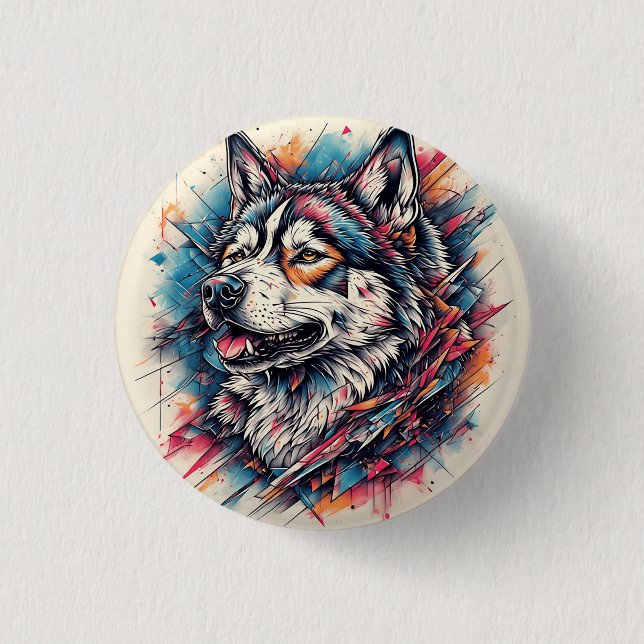 Bóton Redondo 2.54cm Lobo com Elementos Geométricos e Cores Vibrantes (Frente)