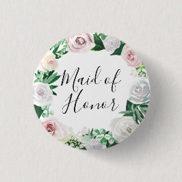 Bóton Redondo 2.54cm Madrinha de casamento Verde Branco Floral de Aquar