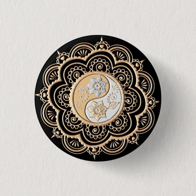 Bóton Redondo 2.54cm Mandala de Ouro & Prata (Frente)