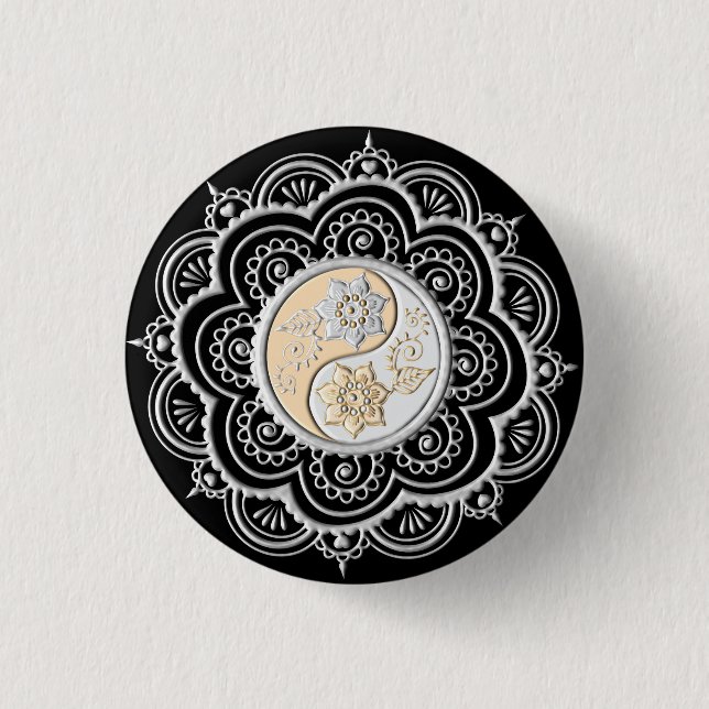 Bóton Redondo 2.54cm Mandala Prata e Ouro (Frente)