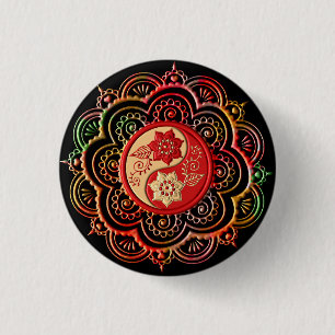 Bóton Redondo 2.54cm Mandala Vermelho e Dourado