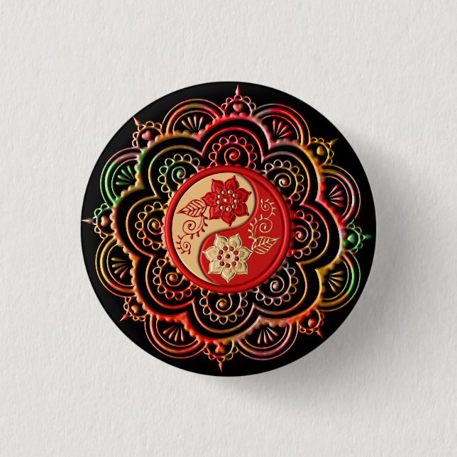 Bóton Redondo 2.54cm Mandala Vermelho e Dourado (Frente)