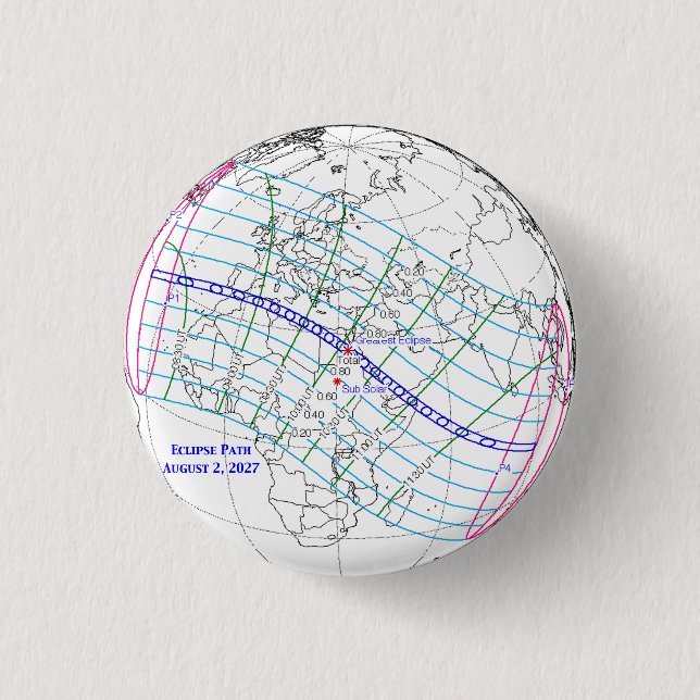 Bóton Redondo 2.54cm Mapa do Eclipse Solar Total de 2027 (Frente)