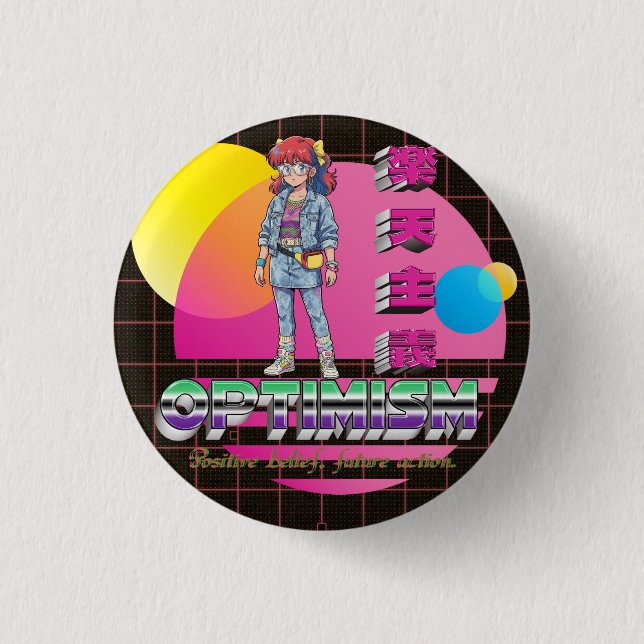 Bóton Redondo 2.54cm Menina Anime Retrowave de Otimismo Botão (Frente)