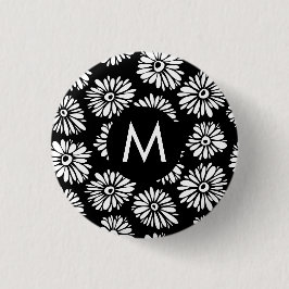 Bóton Redondo 2.54cm Minimalist Groovy Black and White Daisy Monogram