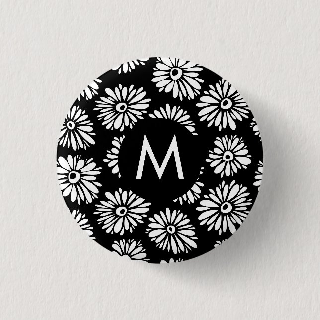 Bóton Redondo 2.54cm Minimalist Groovy Black and White Daisy Monogram (Frente)
