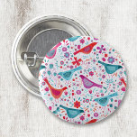 Bóton Redondo 2.54cm Modern Bird Floral Watercolor<br><div class="desc">Pássaros aquosos modernos e contemporâneos e padrão de flores em verde-lacrimogêneo,  rosa magenta e vermelho sobre fundo branco. Arte original de Nic Squirrell.</div>