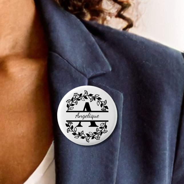 Bóton Redondo 2.54cm Modern Black Floral Wreath Split Monogram A Round (Criador carregado)