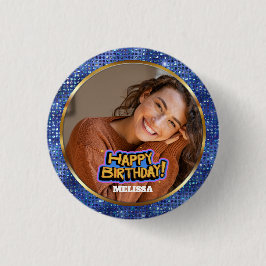 Bóton Redondo 2.54cm Modern Blue and Gold Glitter Photo Name Birthday