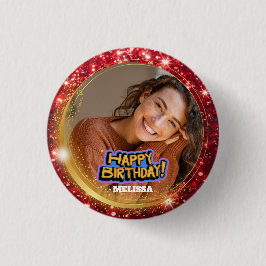 Bóton Redondo 2.54cm Modern Red and Gold Glitter Photo Name Birthday