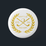Bóton Redondo 2.54cm Moderno Mínimo Elegante do Clube Golf Dourado Pers<br><div class="desc">Clube de golfe personalizado elegante, moderno, minimalista, design chic. Pino personalizado do botão do clube de golfe com coroa de louros, dois tacos de golfe cruzados e bola de golfe. Pino personalizado do botão golf com o seu logotipo, nome, texto, ano, etc. Botão do clube de golfe de ouro elegante,...</div>