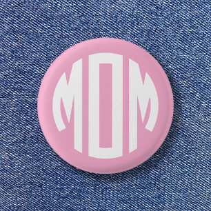 Bóton Redondo 2.54cm MOM de monograma em círculo branco e rosa claro