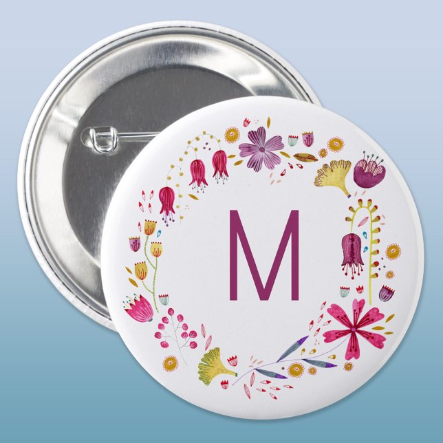 Bóton Redondo 2.54cm Monograma de Flor Moderna com Aquarela (Modern monogram initial personalized watercolor wildflower floral button)