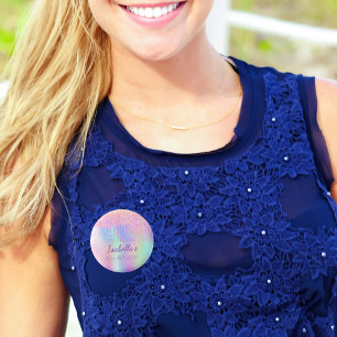 Bóton Redondo 2.54cm Monograma do nome cor-de-rosa com brilho no arco-í