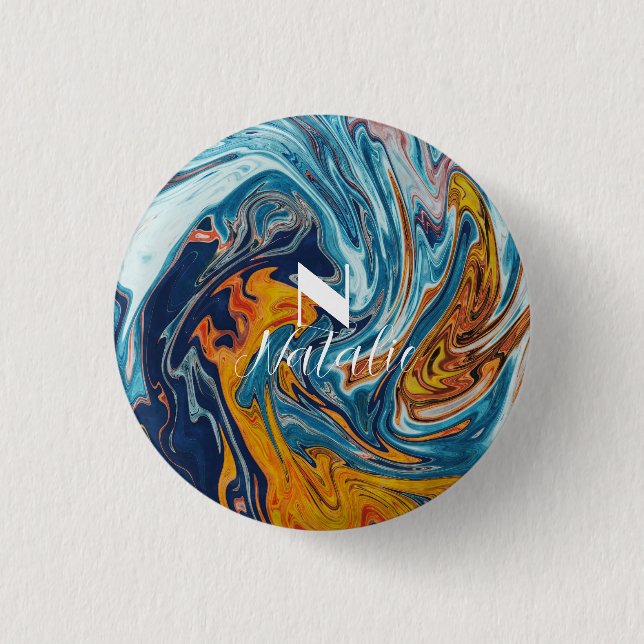 Bóton Redondo 2.54cm Monograma Dourado Azul Elegante (Frente)