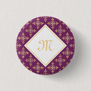 Bóton Redondo 2.54cm Monograma luxuoso roxo e Quatre Dourado floral