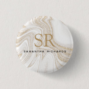Bóton Redondo 2.54cm Monograma moderno de ouro branco de mármore branc