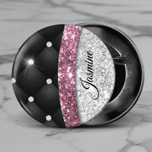 Bóton Redondo 2.54cm Monograma preto rosa brilho prata falso feminino c