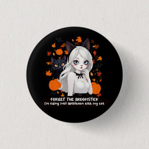 Bóton Redondo 2.54cm Mulher de anime com gato preto.