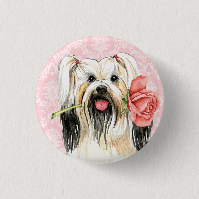 Bóton Redondo 2.54cm Namorados Rosa Lhasa Apso (Frente)