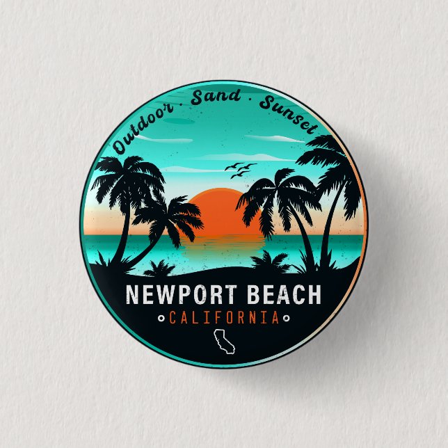 Bóton Redondo 2.54cm Newport Beach California Retro Sunset Souvenir 60s (Frente)