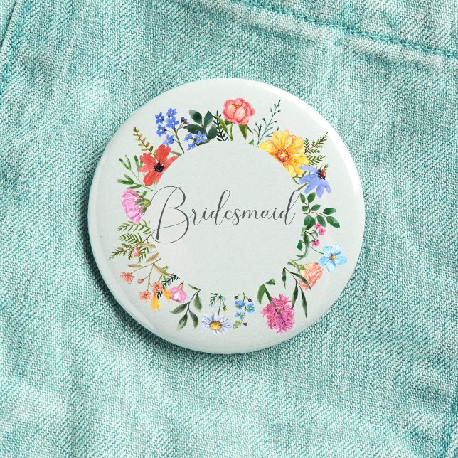Bóton Redondo 2.54cm Noiva Flor Silvestre Roteiro Casamento  (Bridesmaid  Wildflower Watercolor Floral Wreath Wedding Button
)