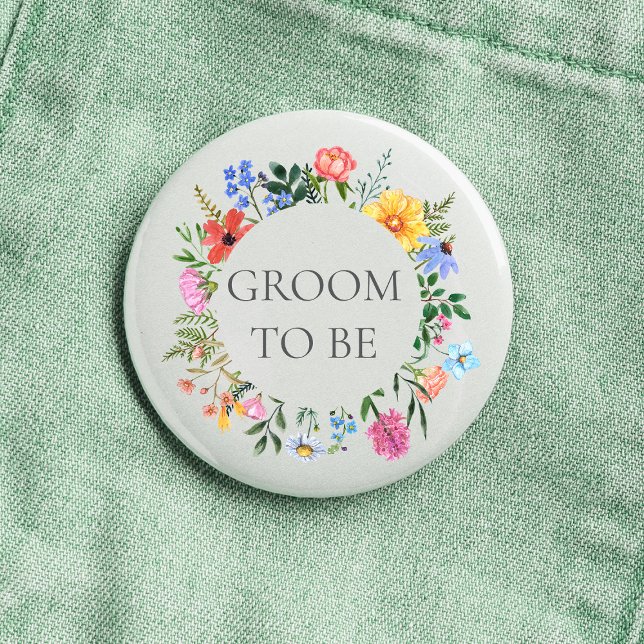 Bóton Redondo 2.54cm Noivo de Flor Silvestre Casamento  (Groom to be Wildflower Watercolor Floral Wreath Wedding Button)