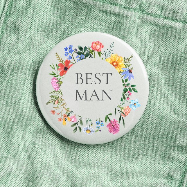 Bóton Redondo 2.54cm Noivo Wildflower Casamento  (Best Man Wildflower Watercolor Floral Wreath Wedding Button
)