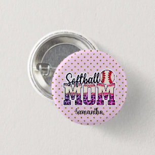 Bóton Redondo 2.54cm Nome personalizado Softball Mãe   Bolinhas rosa e 