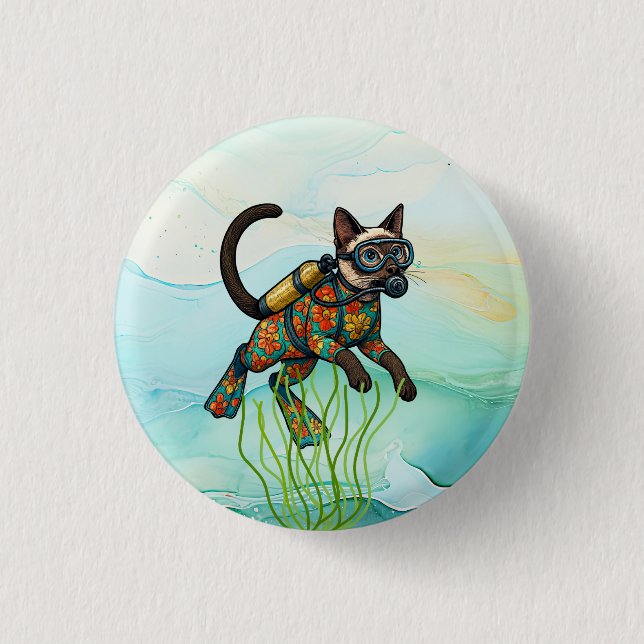 Bóton Redondo 2.54cm O Gato de Mergulho está mergulhando debaixo d'água (Frente)